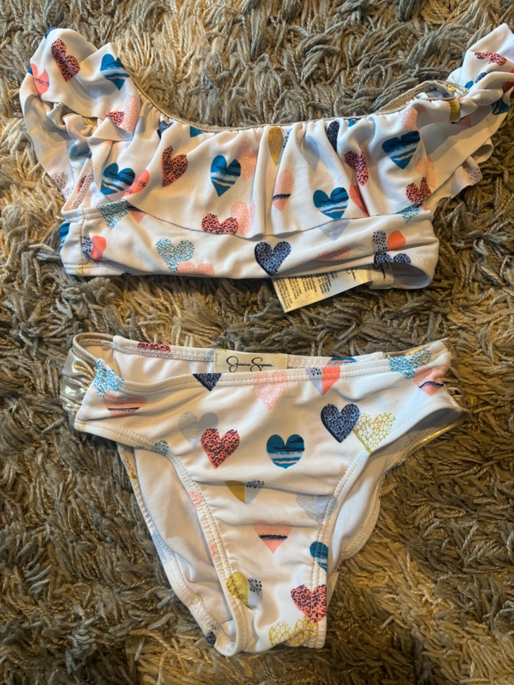 Jessica Simpson White Bikini Set with Multicolor Heart Print and Gold Accent